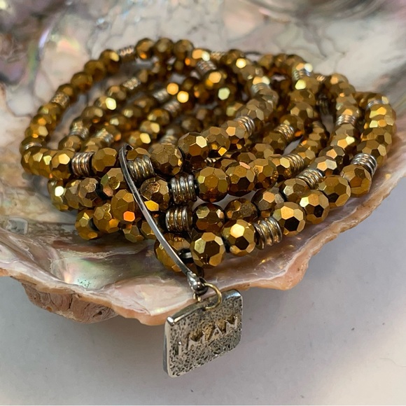 IMAN Glass Gold Metallic Six Strand Beaded Bracelet - Adjustable Rare Find - Picture 4 of 12